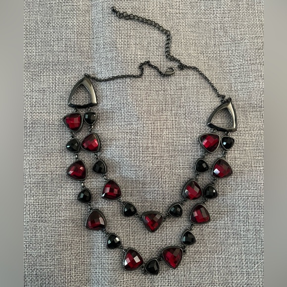 Statement Red & Black Double Strand Gun Metal Necklace - Picture 4 of 7